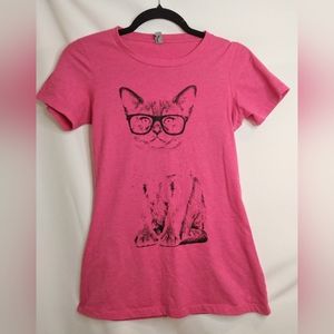 Hot Pink 3D Smart Cat Print cotton Tee S